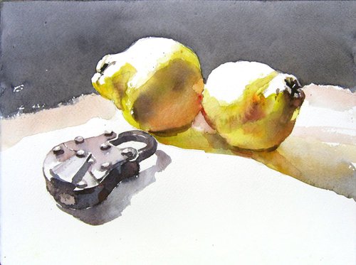 still life with quinces and old  padlock by Goran Žigolić Watercolors