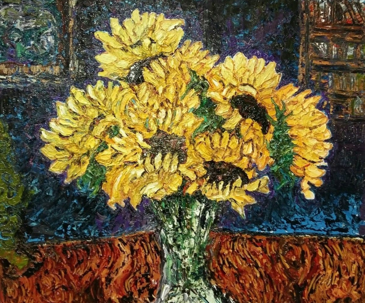 Expressive Still Life Oil Painting By Richard Meyer, 20 X 15", Six Sunflowers In A Glass Vase, Original Artwork