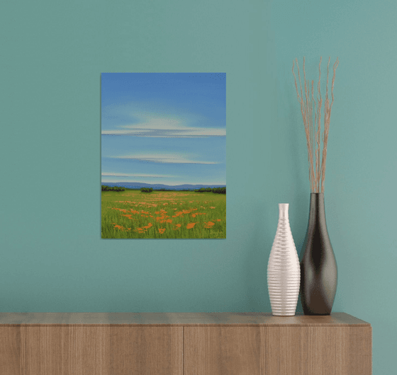 Blue Sky Poppy Field - Flower Field Landscape