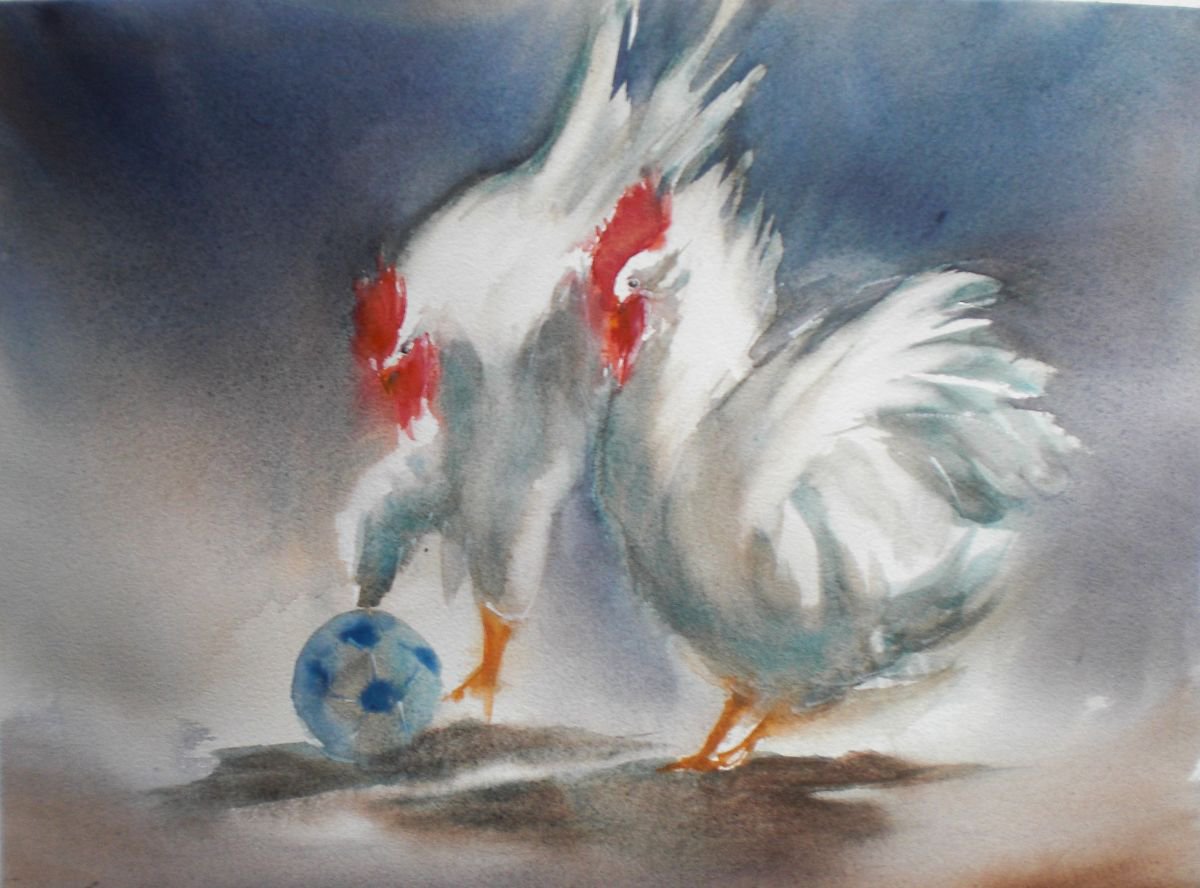 Expressive Animal Watercolour By Giorgio Gosti, 15 X 11, Roosters, Original Artwork
