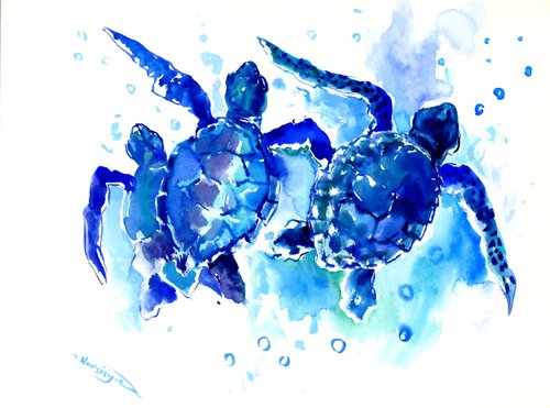 Turtle Painting, Blue Sea Turtles by Suren Nersisyan
