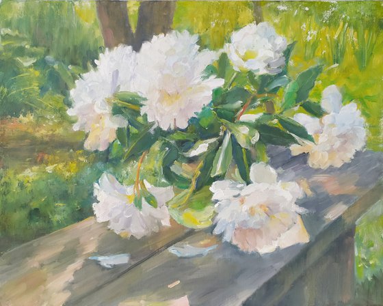 Peonies on the bench
