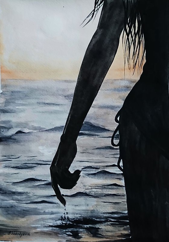 Sunset swim. Original watercolor painting by Svetlana Vorobyeva