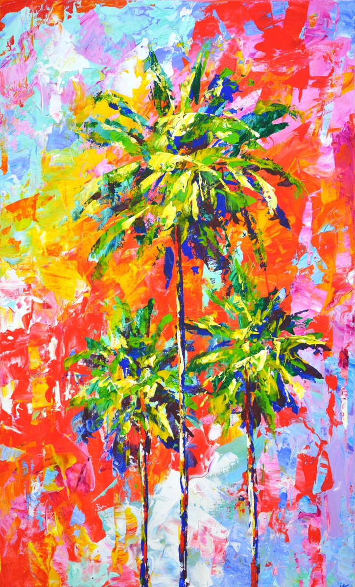 Expressive Botanical Acrylic Painting By Iryna Kastsova, 24 X 39, Florida Palms., Original Artwork