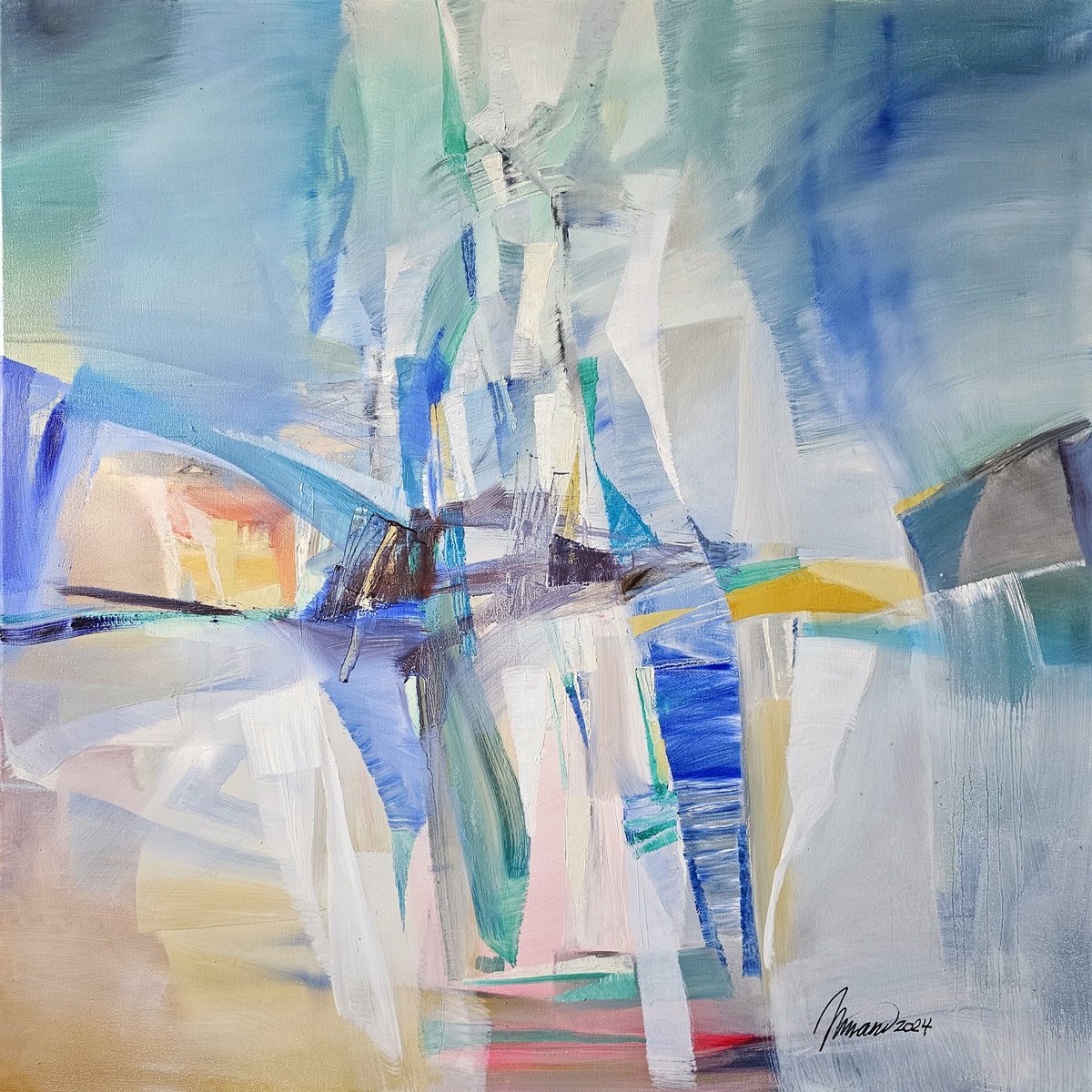 Abstract Oil Painting By Taidakov Nikolai, 39 X 39", Partly Cloudy, Original Artwork