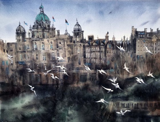 Birds of Edinburgh. One of a kind, original painting, handmad work, gift, watercolour art.