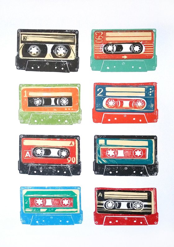 Linocut tapes #36 (cassette tapes, retro music, 70's, 80's rock culture)