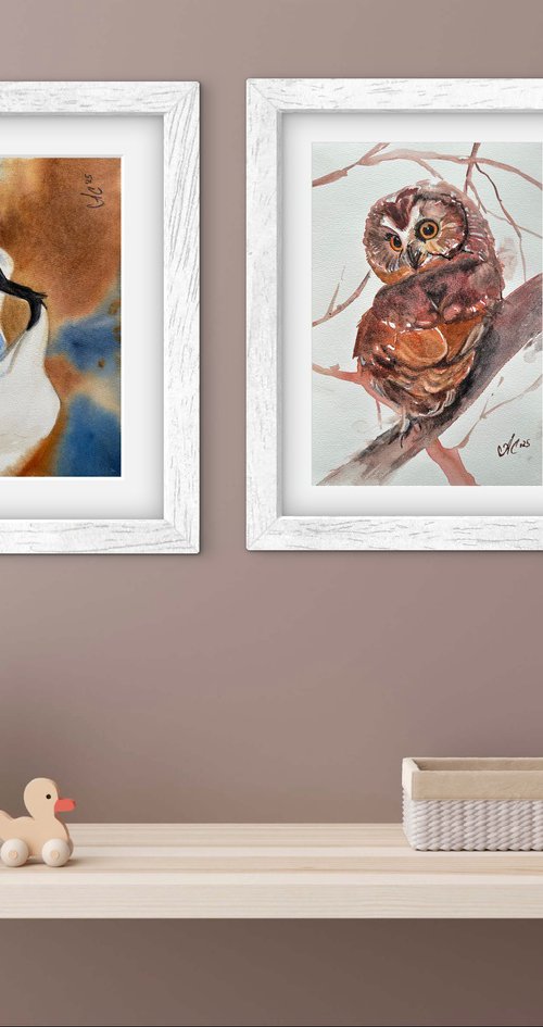 Birds: White Crane and Little Owl by Alla Semenova