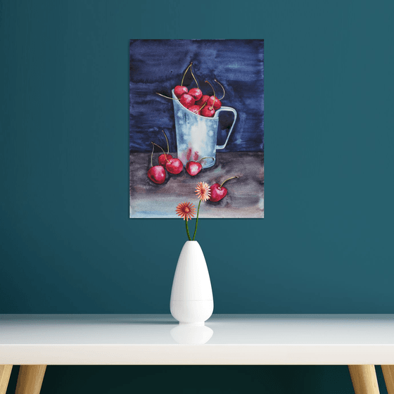 Cherries on darkness light - original watercolor artwork