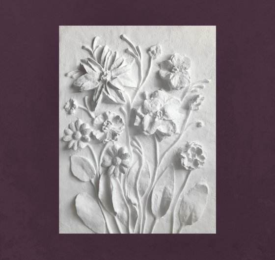 sculptural wall art"Flower composition with chamomile and violets"