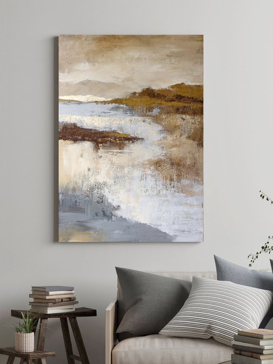 "Mountains" Abstract cream gold acrylic art