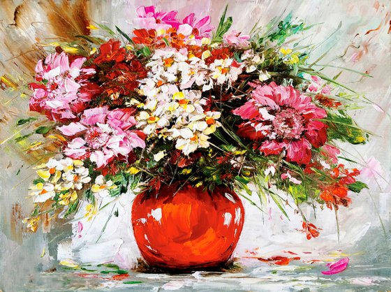 BOUQUET OF SUMMER FLOWERS - Bright still life. Colorful bouquet. Meadow flowers. Fresh gerberas. Garden daisies. Spring. Joy. Cosiness.