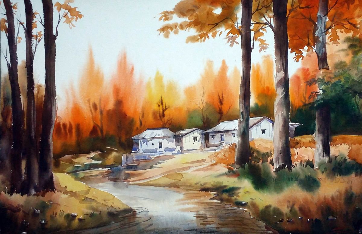 Autumn Forest Village & River - Watercolor on Paper by Samiran Sarkar