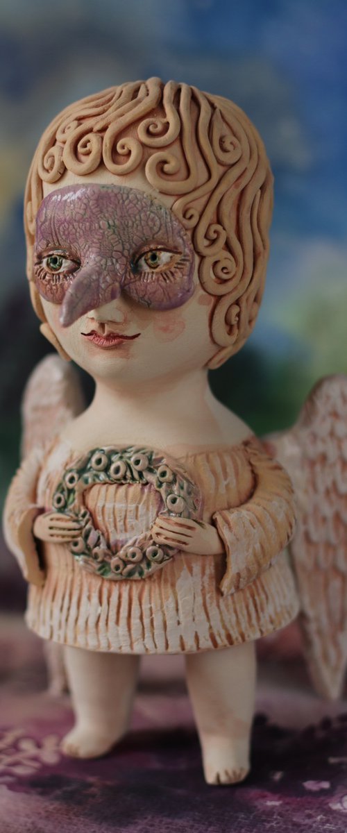 Angel with a mask. Ceramic OOAK sculpture. by Elya Yalonetski