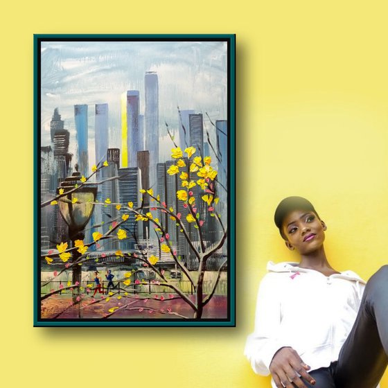 New York in Springtime Original Acrylic Painting, NYC Blooming, American City Blossoming, Blossoms Tree in New York Wall Art, Floral and Flowers in US City