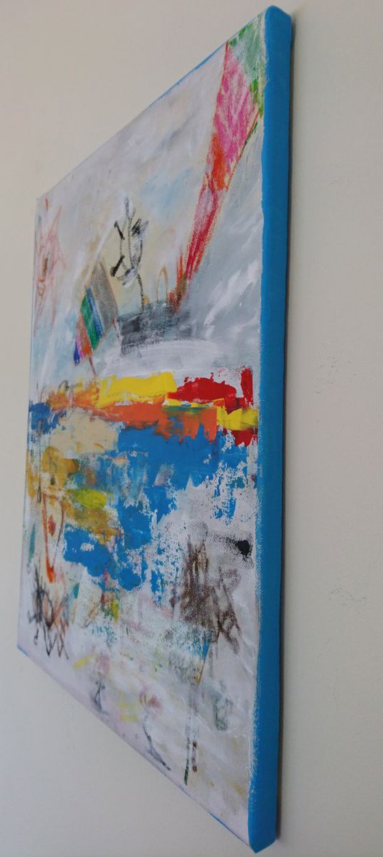 Our holiday at the seaside,  Abstract painting om stretched canvas, Ready to hang