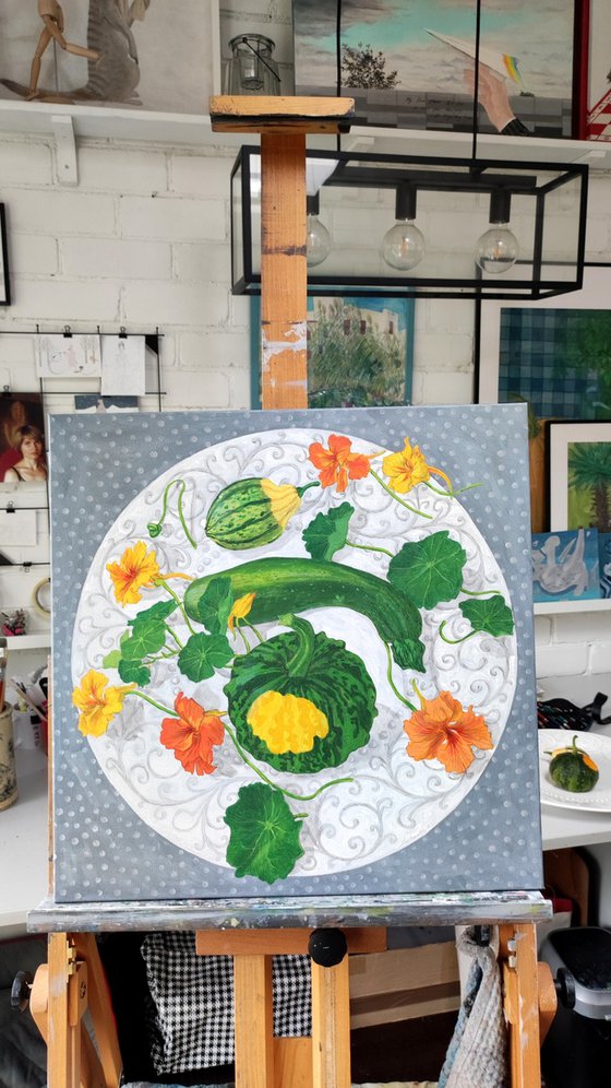 Courgette and two decorative pumpkins