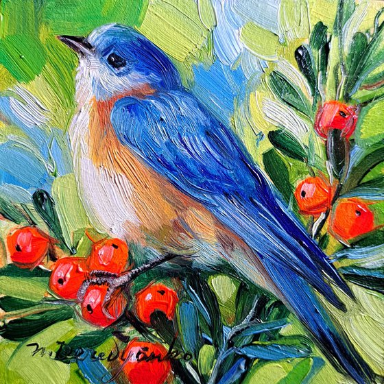 Estern Bluebird painting original oil art framed 4x4, Blue bird small wall art framed