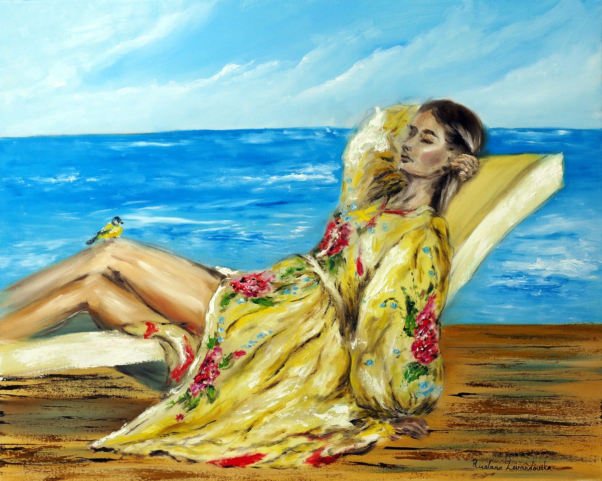 Impressionistic Portrait Oil Painting By Ruslana Levandovska, 30 X 24", To The Sound Of Waves, Original Artwork