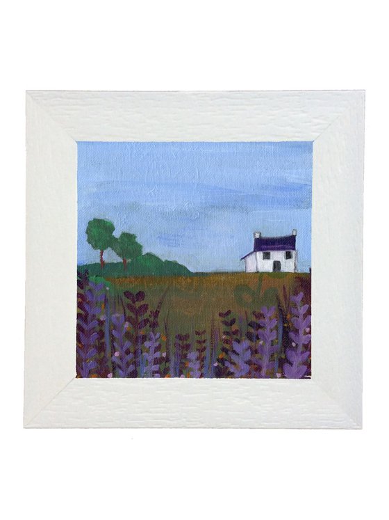 Original Small Art Cottages - Country Cottage with Purple Roof and Flowers