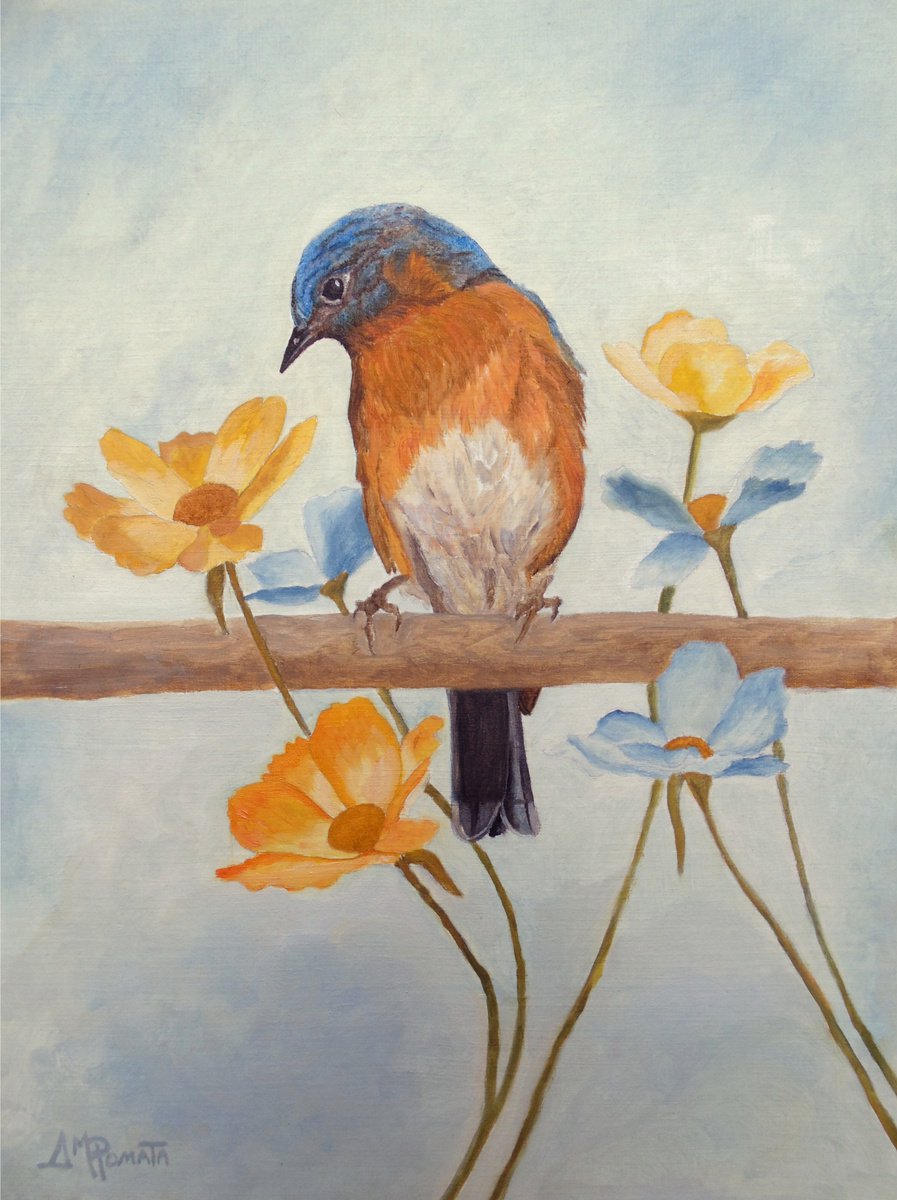Impressionistic Animal Oil Painting By Angeles M. Pomata, 10 X 13, Peeping Eastern Bluebird, Original Artwork