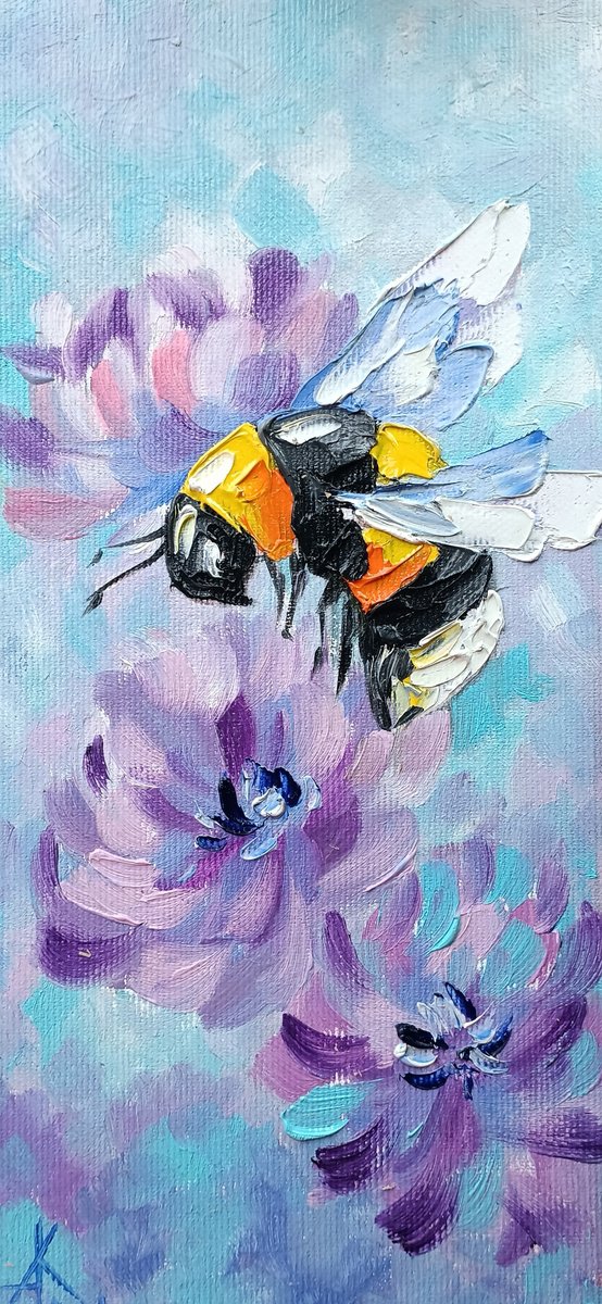 In flight over the beautiful - bumblebee insects, oil painting, canvas, flowers, bumblebee... by Anastasia Kozorez