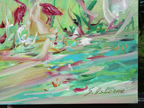 LILY POND. Flowers Birds Flamingo