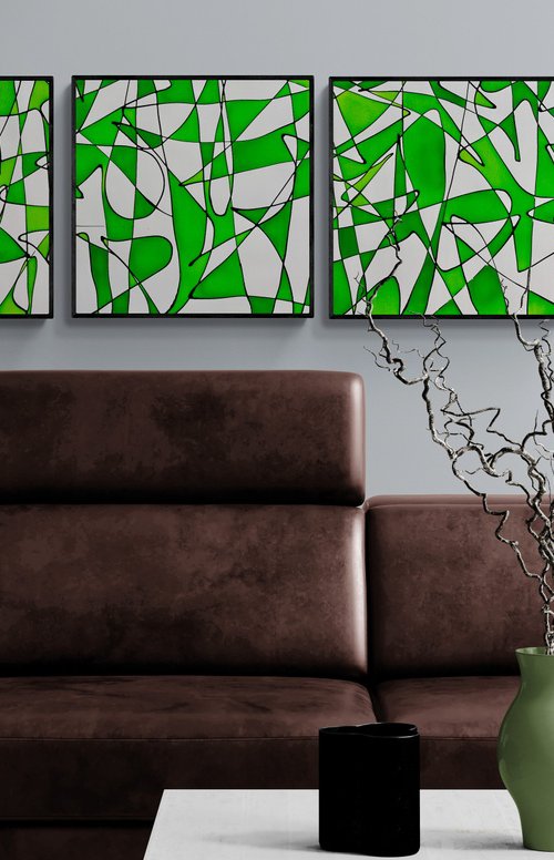 Abstract No. 14320 green & white  -set of 3 by Anita Kaufmann