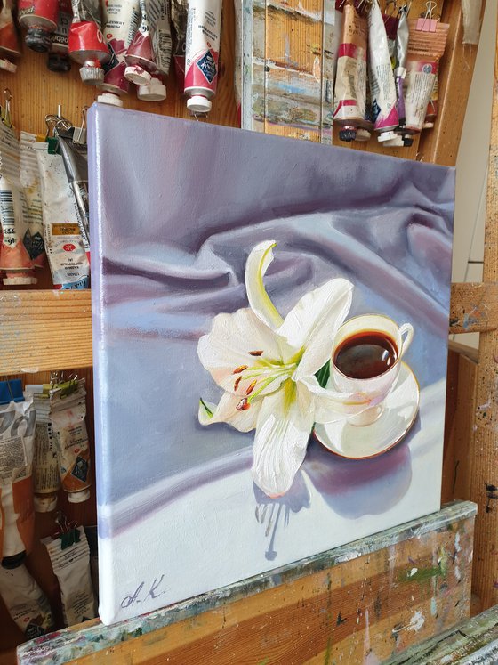 "A small cup of aromatic coffee. "  still life summer  white liGHt original painting  GIFT (2021)