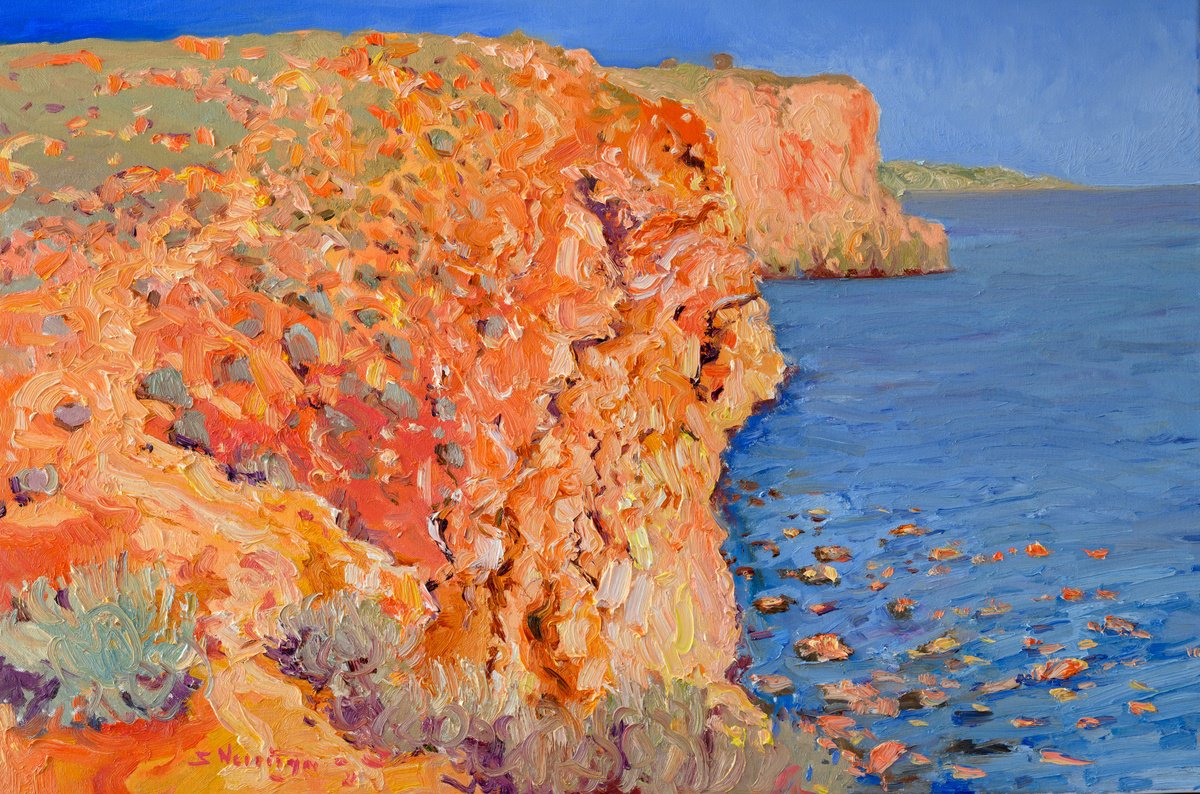 Expressive Landscape Oil Painting By Suren Nersisyan, 36 X 24", Red Cliffs And The Ocean, Original Artwork