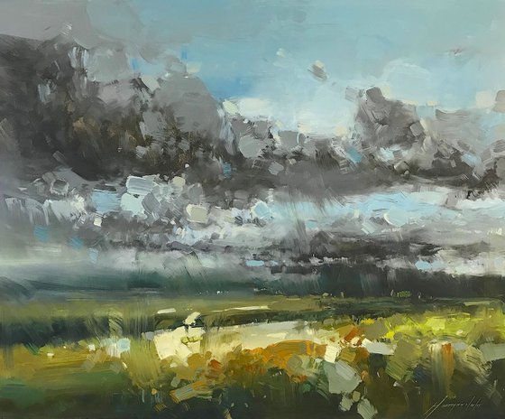 Cloudy Day, Original oil painting, One of a kind Signed