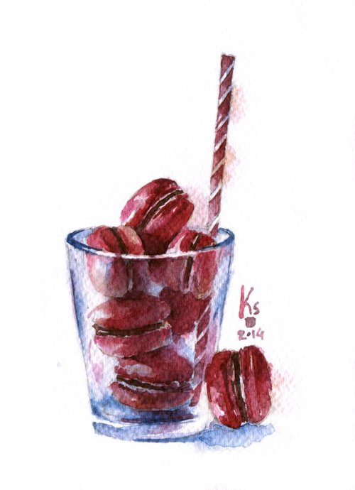 "Glass with red macaroons" watercolor food illustration by Ksenia Selianko