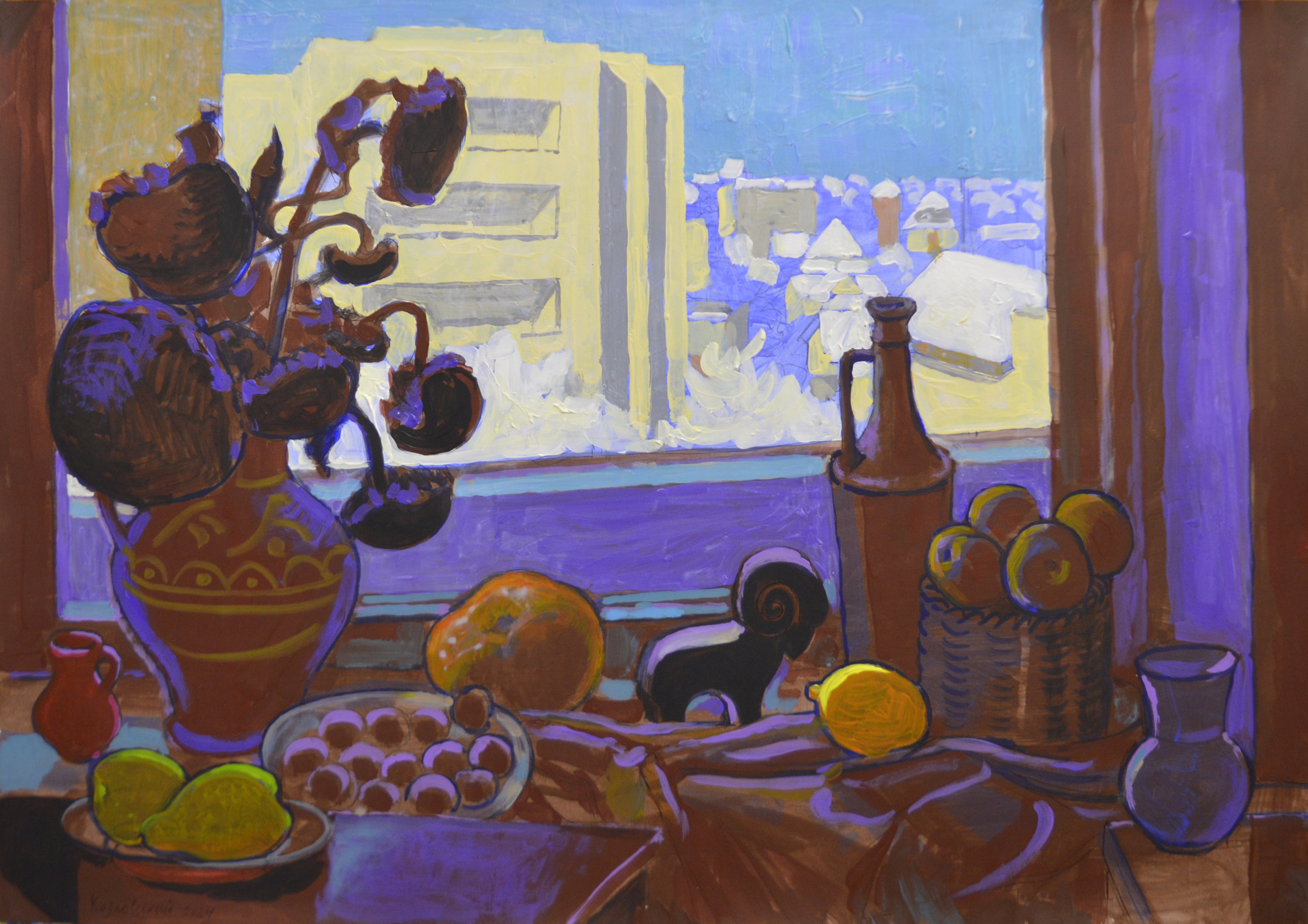 Impressionistic Still Life Acrylic Painting By Mykola Kozlovsky, 28 X 20", Winter Outside The Window, Original Artwork