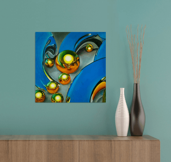 Abstraction Golden Spheres Blue Background Oil Painting Hyperrealism