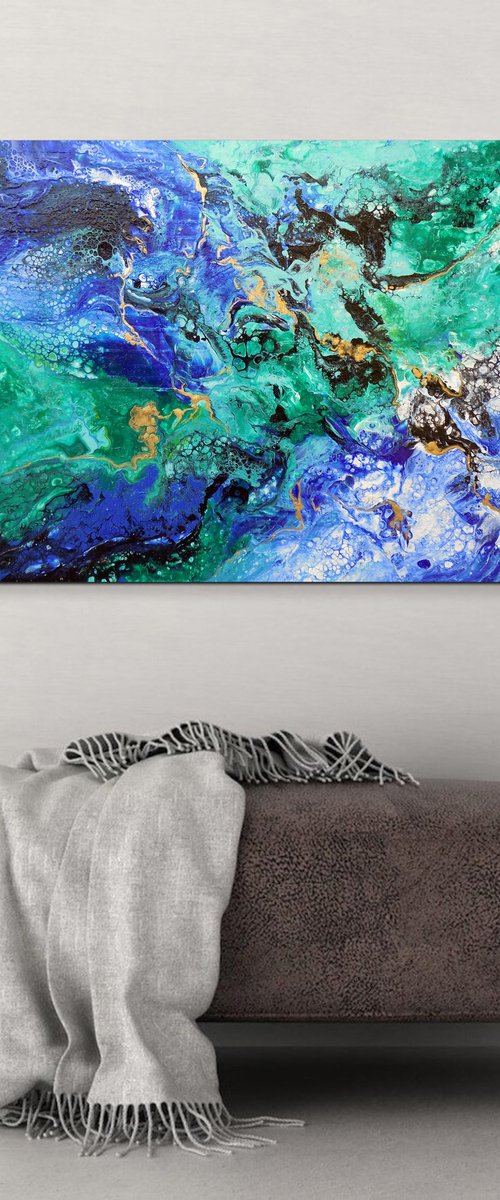 Modern abstract art blue green gold metallic painting, Summer vibes by Areti Ampi