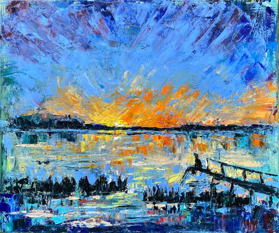 Sunset - You are never alone, 50*60cm, impressionistic landscape oil painting in orange and blue ultramarine