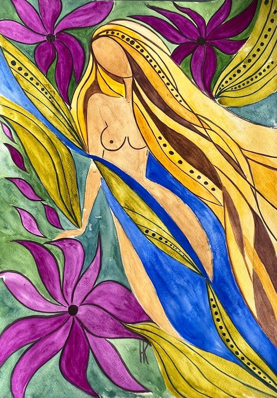 Flower Head Faceless Woman Original Painting