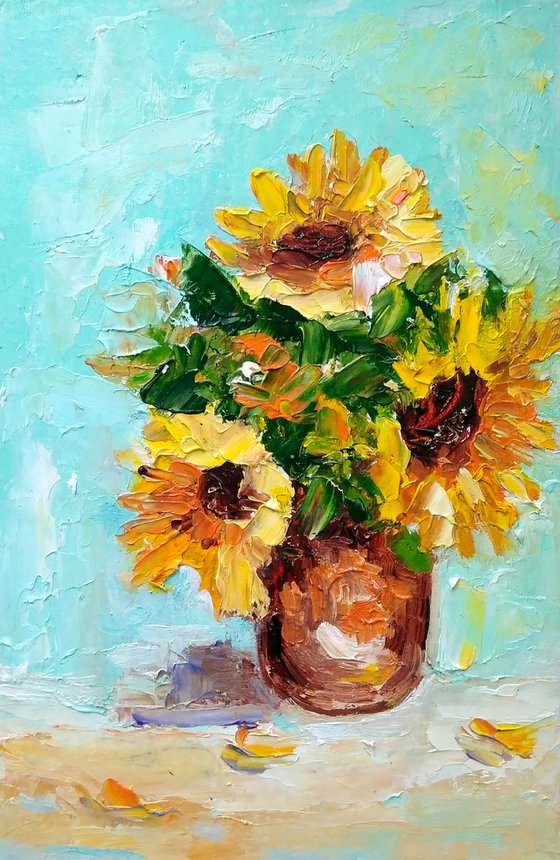 Sunflowers, Floral Painting Original Art Small Oil Artwork Bouquet of Flowers Wall Art