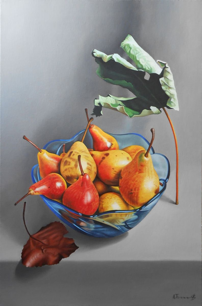 Still Life with a Blue Glass Bowl of Pears and Autumn Leaves by Alexander Titorenkov