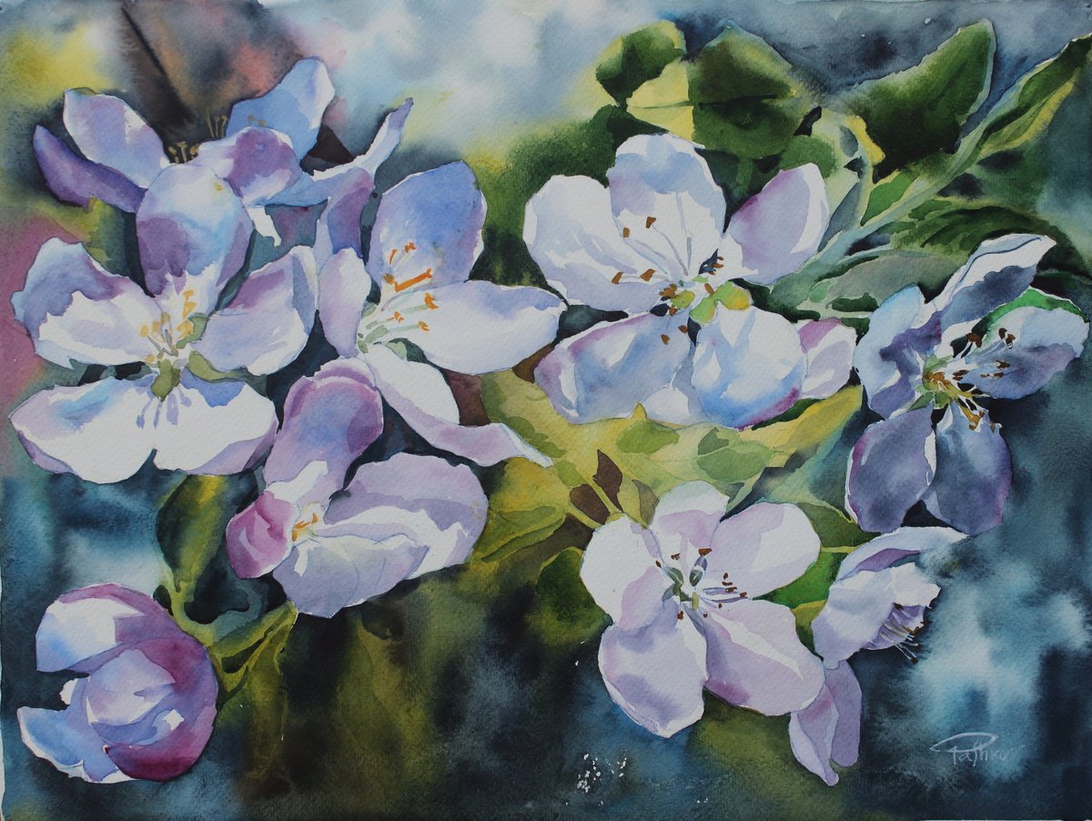 Impressionistic Botanical Watercolour By Yurii Pashkov, 19 X 15", Apple Flowers#3, Original Artwork