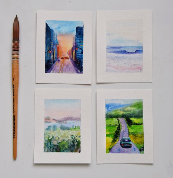 Miniature watercolor painting, Mini Cooper car on road tiny original art