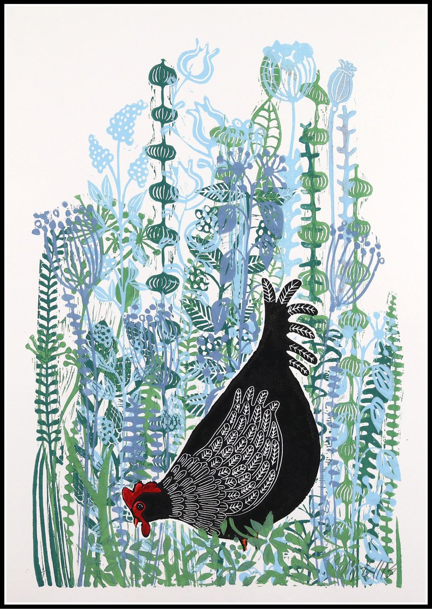 Linocut , The Little Black Hen By Mariann Johansen-Ellis, 16 X 22, Artwork For Sale On Artfinder
