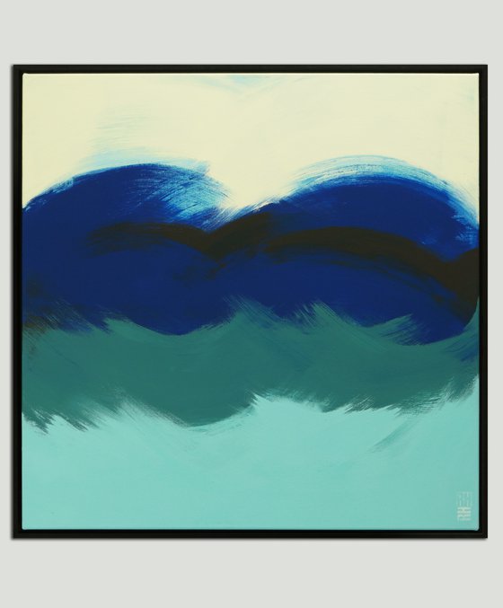 Incl Frame - Abstract Square Painting - The Wave in Blue - 85x85cm - Ronald Hunter - 22J