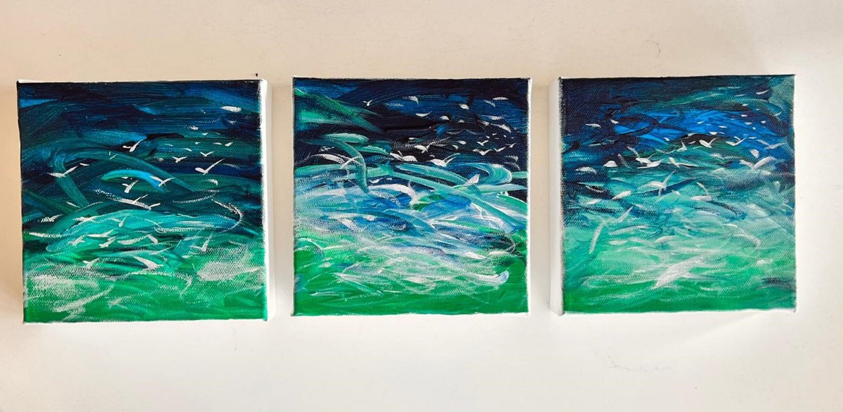 Abstract Landscape Acrylic Painting By Shabs Beigh, 6 X 6", Sea And The Gulls (Triptych), Original Artwork