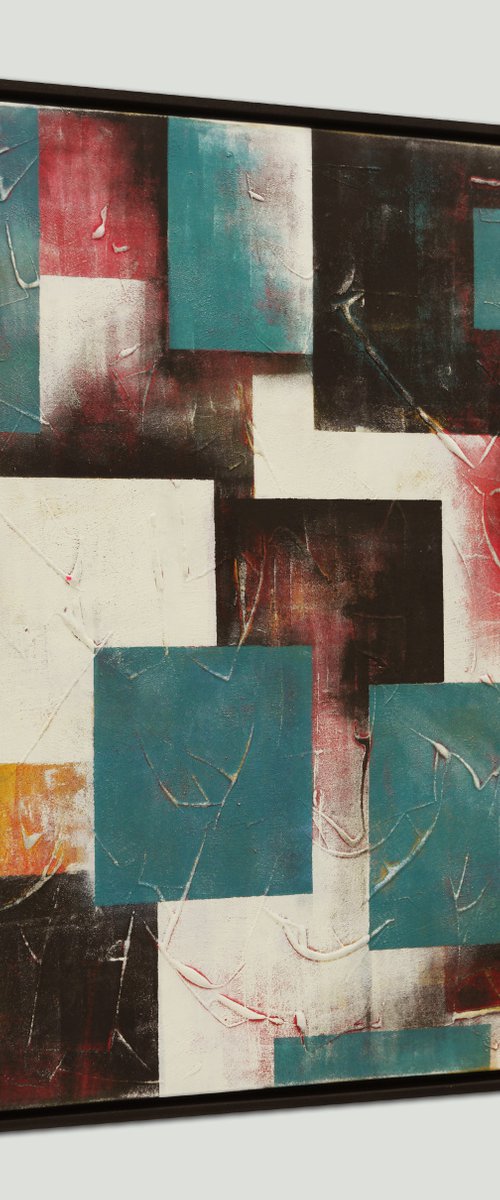 Incl Black Frame - Red City Square - 85x85 cm - Original painting by Ronald Hunter - 15J by Ronald Hunter