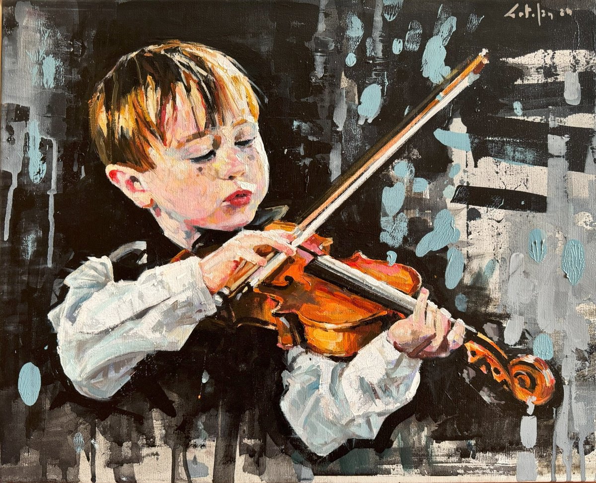 Impressionistic Portrait Oil Painting By Marco Ortolan, 20 X 16", The Boy And His Violin, Original Artwork