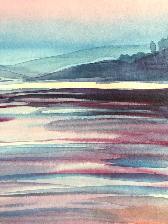 PURPLE SUNSET ON WATER, Original Impressionist Vertical Landscape Watercolor Painting