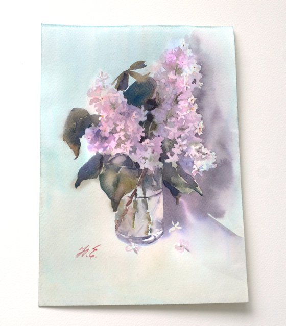 Lilac branch in a glass, Watercolor spring