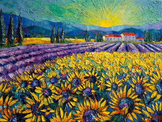 Sunflowers And Lavender Field - The Colors Of Provence Modern Impressionist Palette Knife Oil Painting