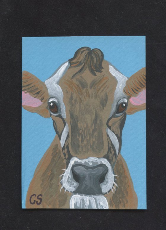 ACEO ATC Original Painting Brown Cow Farm Animal Art-Carla Smale